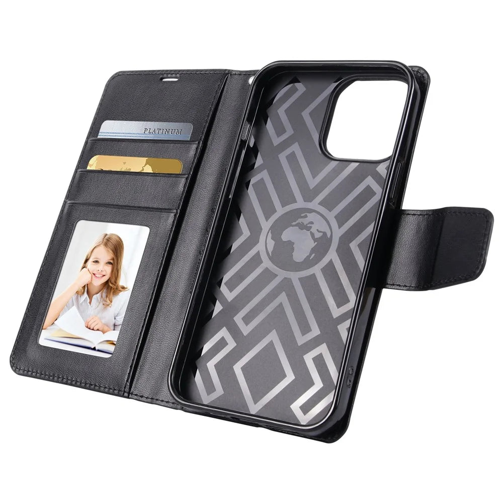 HANMAN Mill Series for iPhone 14 Pro Max Wallet Magnetic Phone Cover Stand PU Leather Anti-scratch Flip Phone Case - Black - 3