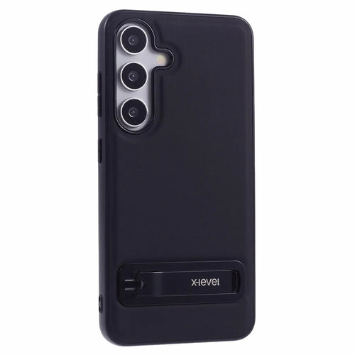 X-LEVEL For Samsung Galaxy S25+ Case Leather Coated PC TPU Phone Back Cover with Metal Kickstand - Black - 1