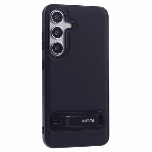 X-LEVEL For Samsung Galaxy S25+ Case Leather Coated PC TPU Phone Back Cover with Metal Kickstand - Black - 1