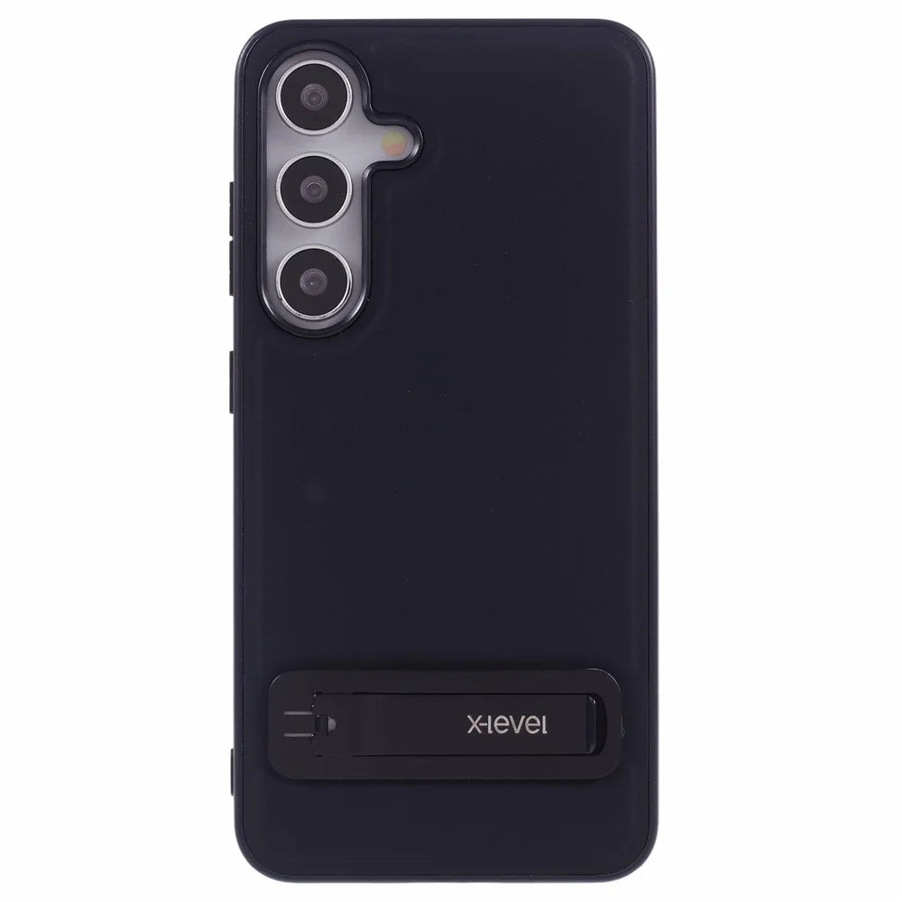 X-LEVEL For Samsung Galaxy S25+ Case Leather Coated PC TPU Phone Back Cover with Metal Kickstand - Black - 3