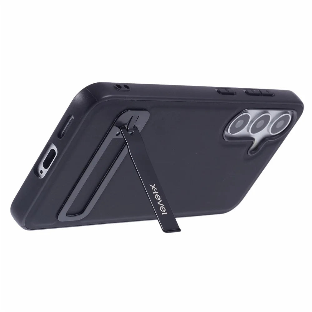 X-LEVEL For Samsung Galaxy S25+ Case Leather Coated PC TPU Phone Back Cover with Metal Kickstand - Black - 5