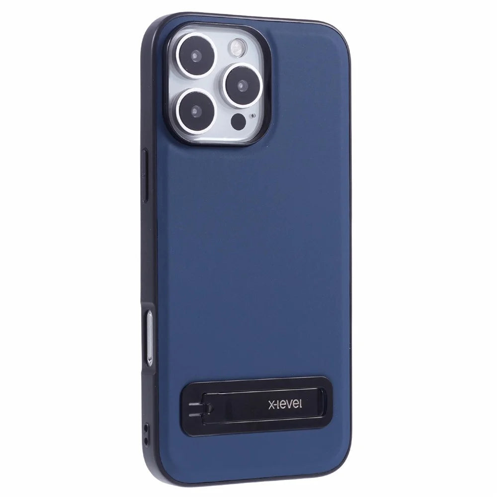 X-LEVEL For iPhone 16 Pro Case Leather Coated PC TPU Phone Back Cover with Metal Kickstand - Blue - 1