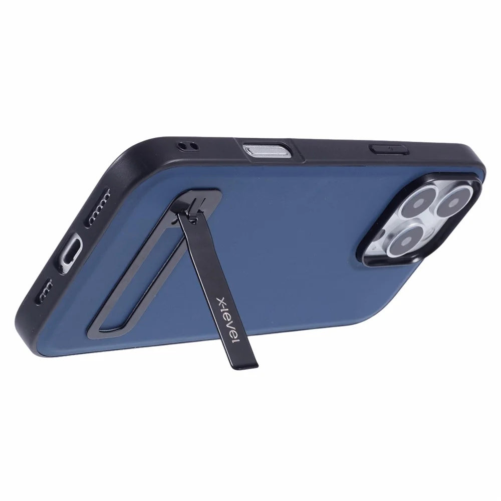 X-LEVEL For iPhone 16 Pro Case Leather Coated PC TPU Phone Back Cover with Metal Kickstand - Blue - 5