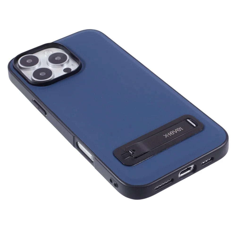 X-LEVEL For iPhone 16 Pro Case Leather Coated PC TPU Phone Back Cover with Metal Kickstand - Blue - 6