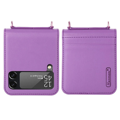 HANMAN Mill Series for Samsung Galaxy Z Flip4 5G PU Leather Folding Case Card Holder Anti-scratch Phone Cover with Hand Strap - Purple - 1