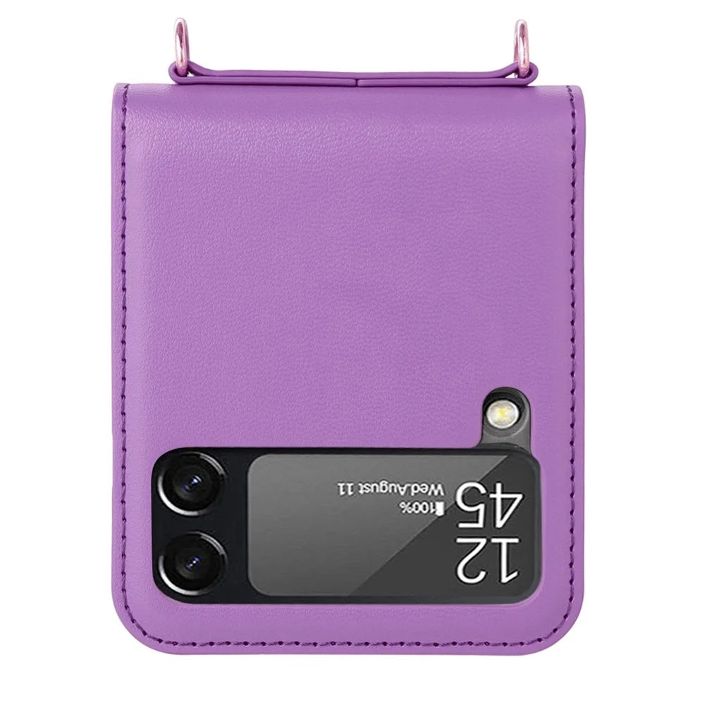 HANMAN Mill Series for Samsung Galaxy Z Flip4 5G PU Leather Folding Case Card Holder Anti-scratch Phone Cover with Hand Strap - Purple - 3