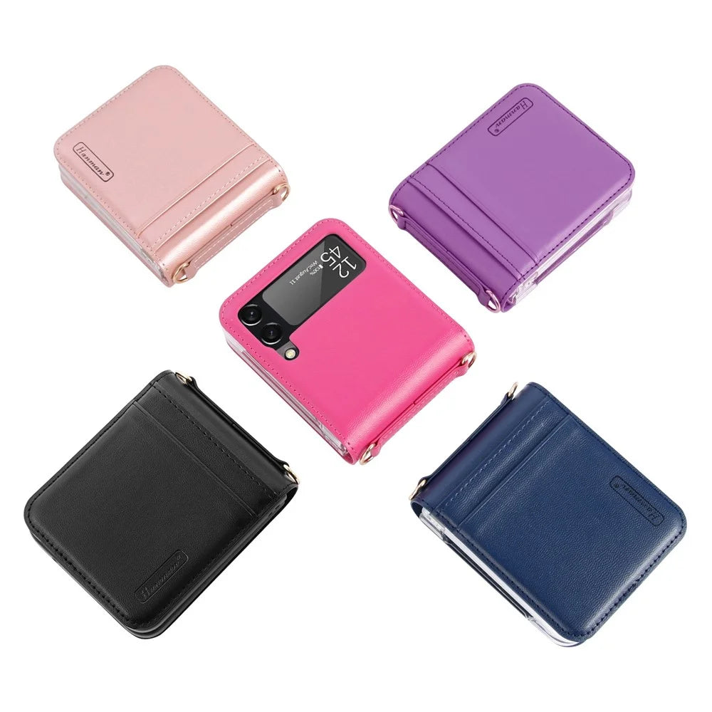 HANMAN Mill Series for Samsung Galaxy Z Flip4 5G PU Leather Folding Case Card Holder Anti-scratch Phone Cover with Hand Strap - Purple - 6
