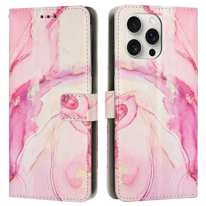 For iPhone 16 Pro Max Stand Case Marble Pattern PU Leather Wallet Phone Cover with Wrist Strap - Rose Gold - 1