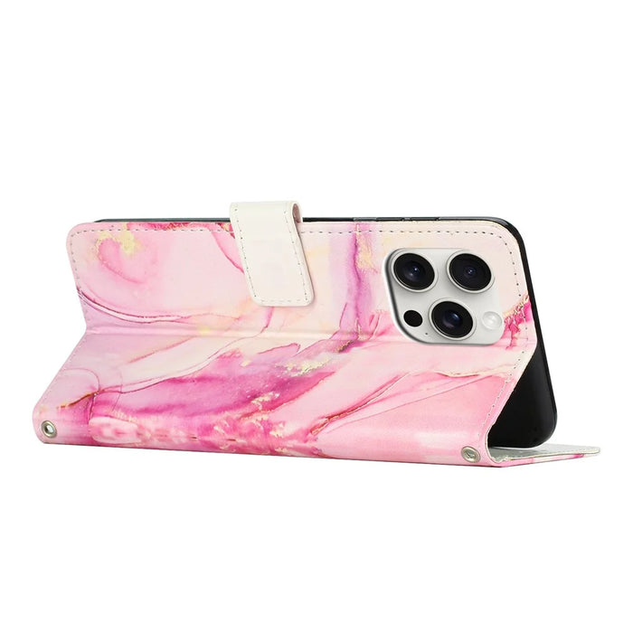 For iPhone 16 Pro Max Stand Case Marble Pattern PU Leather Wallet Phone Cover with Wrist Strap - Rose Gold - 3