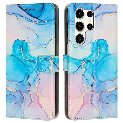 For Samsung Galaxy S25 Ultra Stand Case Marble Pattern PU Leather Wallet Phone Cover with Wrist Strap - Pink  /  Green - 1