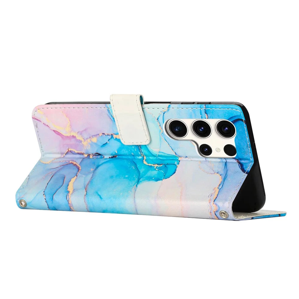 For Samsung Galaxy S25 Ultra Stand Case Marble Pattern PU Leather Wallet Phone Cover with Wrist Strap - Pink  /  Green - 3