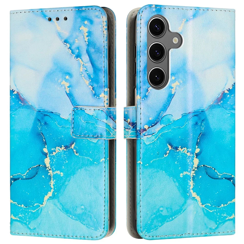 Wallet Case for Samsung Galaxy A18 5G / A18 4G / A17 5G / A17 4G / A26 5G / A16 5G / A16 4G Marble Pattern PU Leather Stand Phone Cover with Wrist Strap - Blue  /  Green - 1