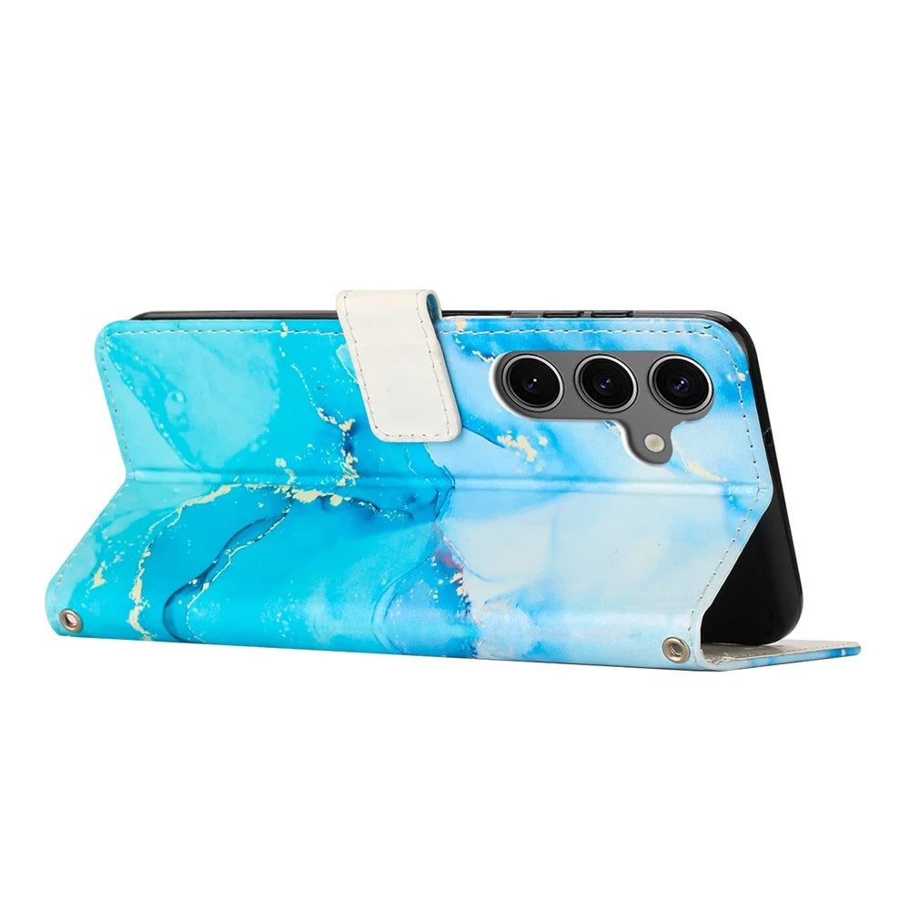 Wallet Case for Samsung Galaxy A18 5G / A18 4G / A17 5G / A17 4G / A26 5G / A16 5G / A16 4G Marble Pattern PU Leather Stand Phone Cover with Wrist Strap - Blue  /  Green - 3
