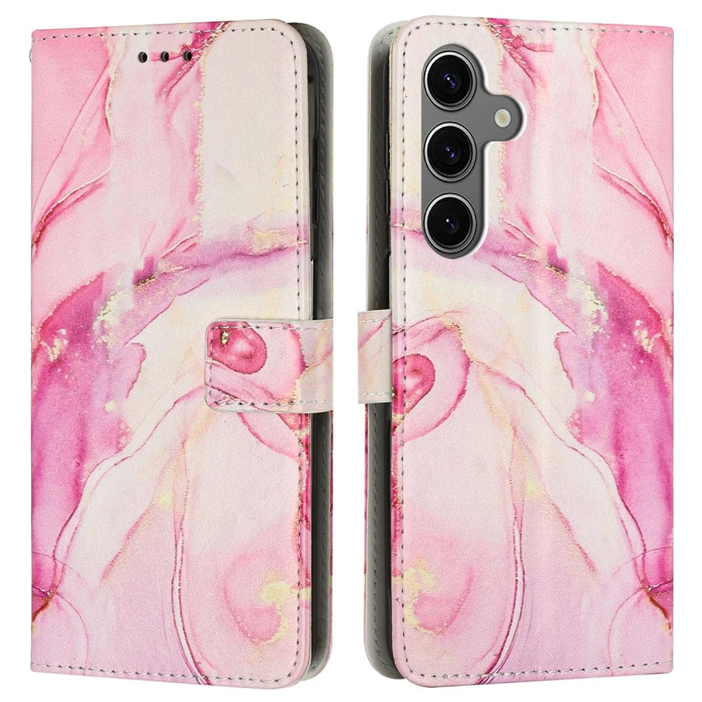 For Samsung Galaxy A56 5G Stand Case Marble Pattern PU Leather Wallet Phone Cover with Wrist Strap - Rose Gold - 1