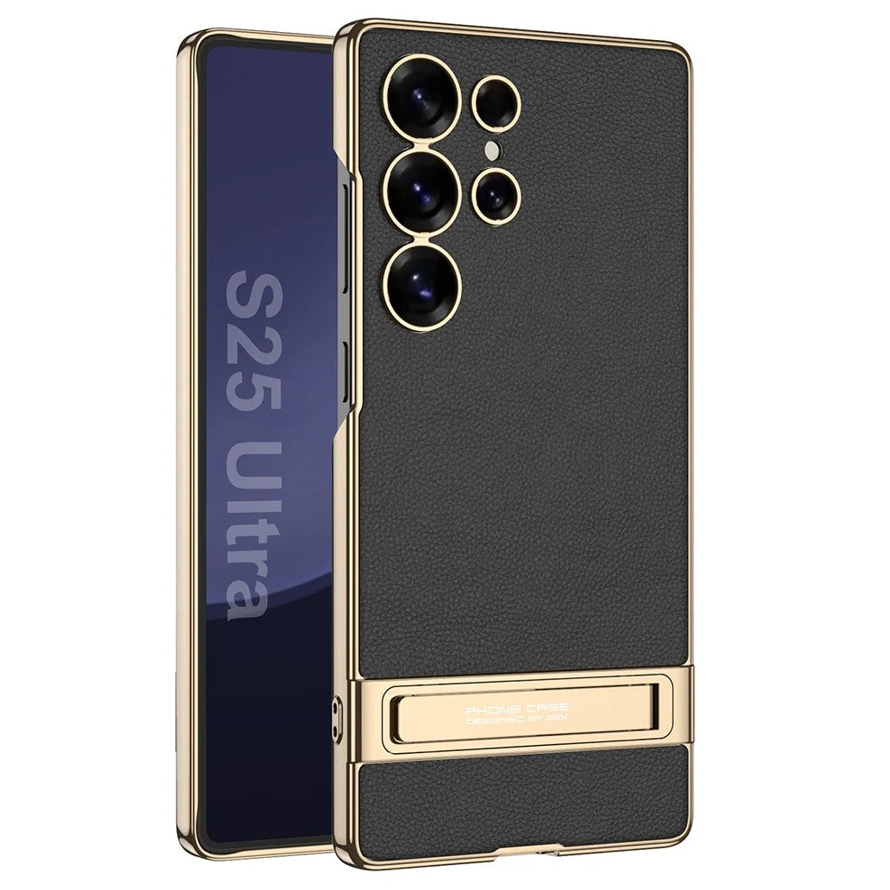 GKK For Samsung Galaxy S25 Ultra Case Electroplating Kickstand PU Hard PC Phone Back Cover - Black - 1