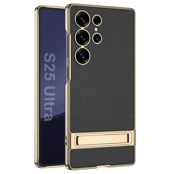 GKK For Samsung Galaxy S25 Ultra Case Electroplating Kickstand PU Hard PC Phone Back Cover - Black - 1