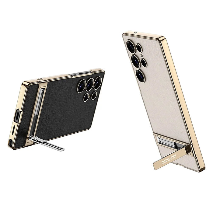 GKK For Samsung Galaxy S25 Ultra Case Electroplating Kickstand PU Hard PC Phone Back Cover - Black - 2