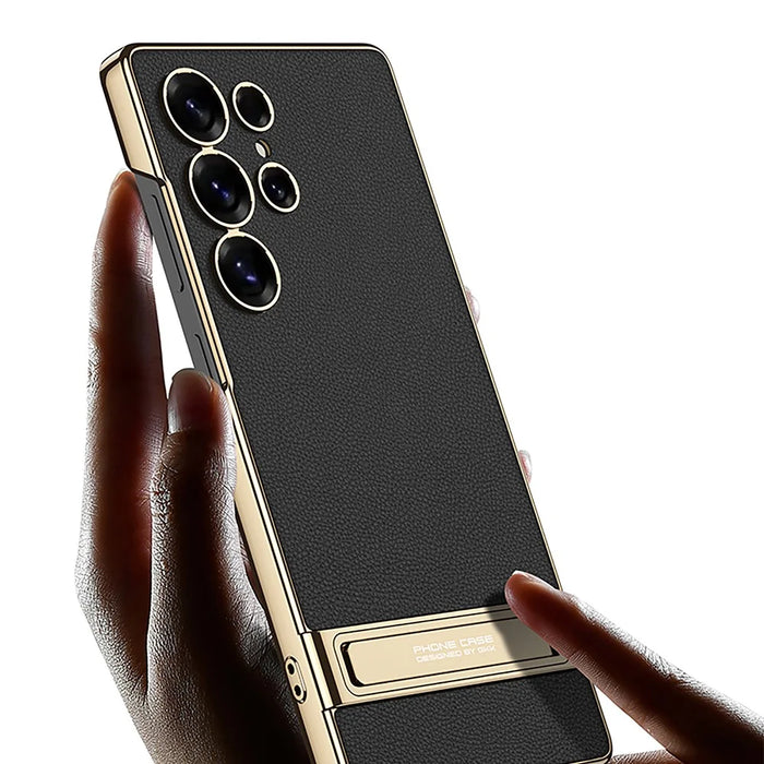 GKK For Samsung Galaxy S25 Ultra Case Electroplating Kickstand PU Hard PC Phone Back Cover - Black - 6