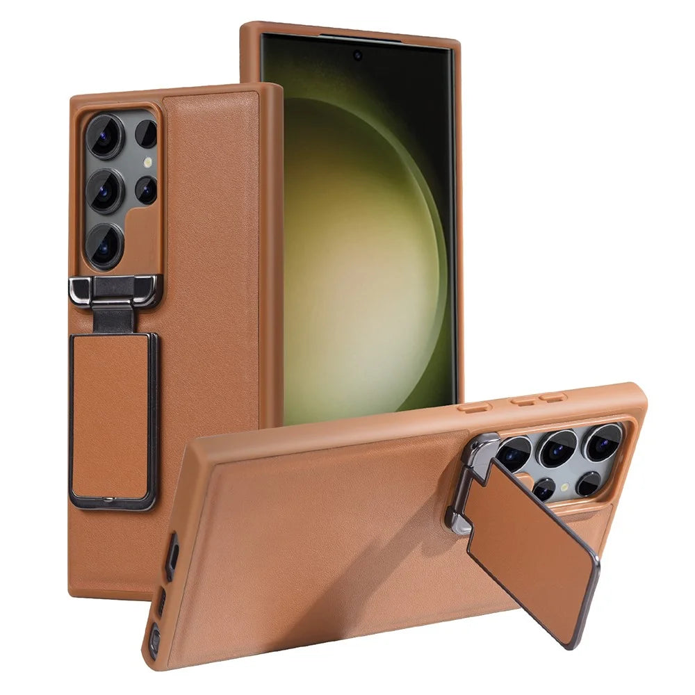 GKK For Samsung Galaxy S24 Ultra Case Lens Cover Kickstand TPU+PU Phone Back Cover - Brown - 1