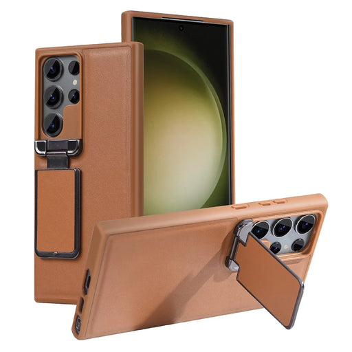GKK For Samsung Galaxy S24 Ultra Case Lens Cover Kickstand TPU+PU Phone Back Cover - Brown - 1