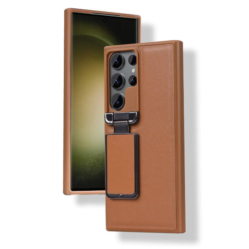 GKK For Samsung Galaxy S24 Ultra Case Lens Cover Kickstand TPU+PU Phone Back Cover - Brown - 2