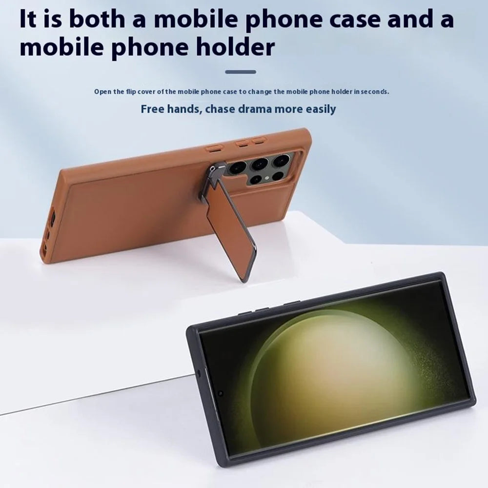 GKK For Samsung Galaxy S24 Ultra Case Lens Cover Kickstand TPU+PU Phone Back Cover - Brown - 3