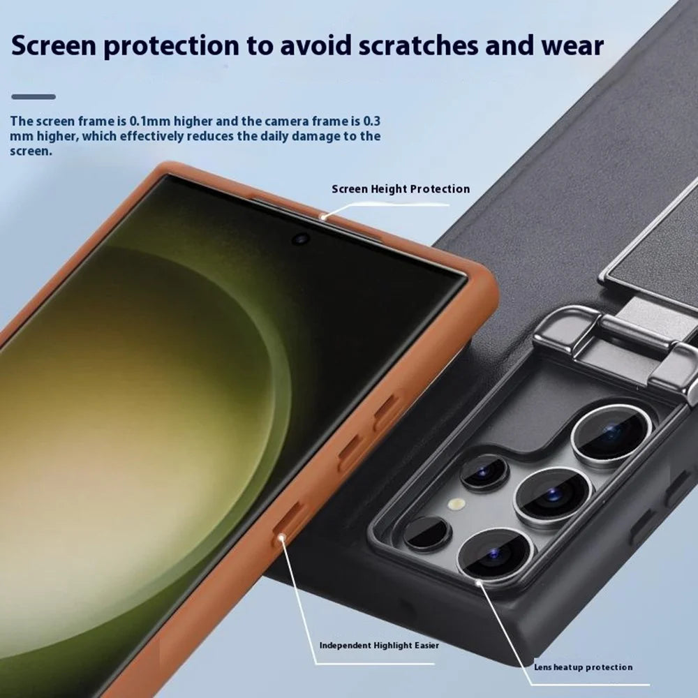 GKK For Samsung Galaxy S24 Ultra Case Lens Cover Kickstand TPU+PU Phone Back Cover - Brown - 6