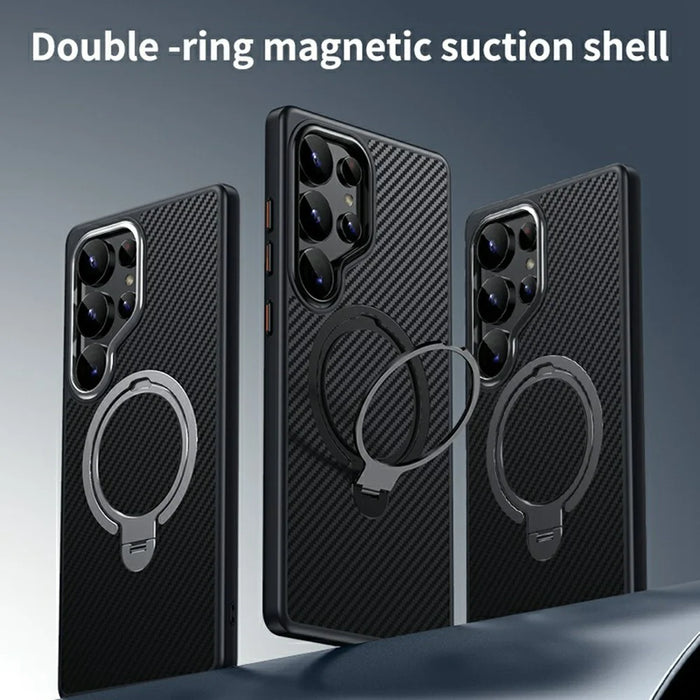 For Samsung Galaxy S25 Ultra Magnetic Case PC+TPU Phone Cover Ring Holder Carbon Fiber Texture - Black - 2