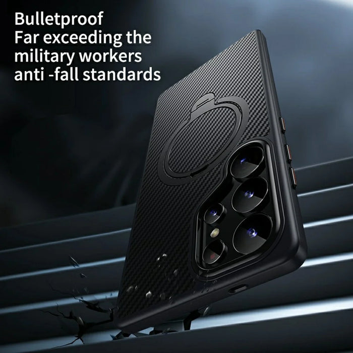 For Samsung Galaxy S25 Ultra Magnetic Case PC+TPU Phone Cover Ring Holder Carbon Fiber Texture - Black - 4