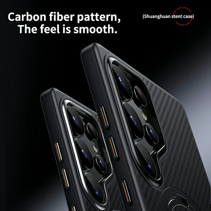 For Samsung Galaxy S25 Ultra Magnetic Case PC+TPU Phone Cover Ring Holder Carbon Fiber Texture - Black - 6