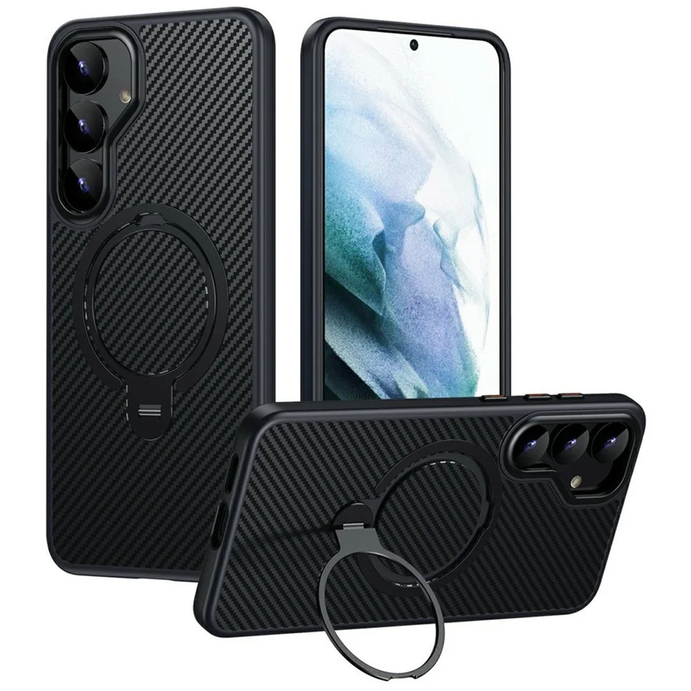 For Samsung Galaxy S25 Magnetic Case PC + TPU Phone Cover Ring Holder Carbon Fiber Texture - Black - 1