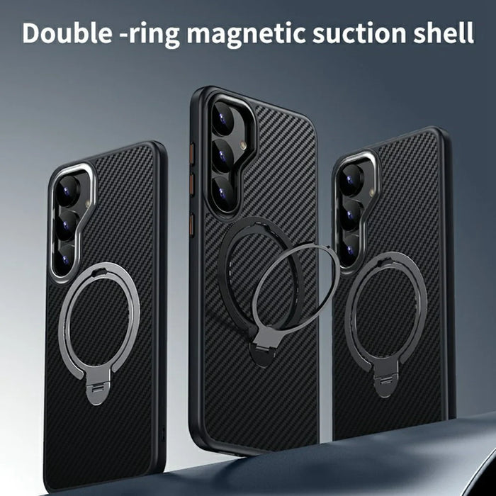 For Samsung Galaxy S25 Magnetic Case PC + TPU Phone Cover Ring Holder Carbon Fiber Texture - Black - 2