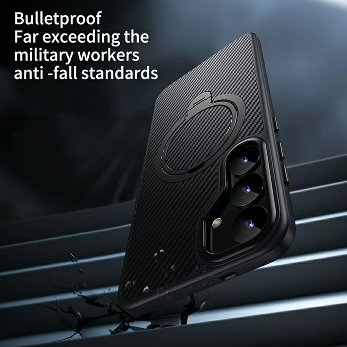 For Samsung Galaxy S25 Magnetic Case PC + TPU Phone Cover Ring Holder Carbon Fiber Texture - Black - 4