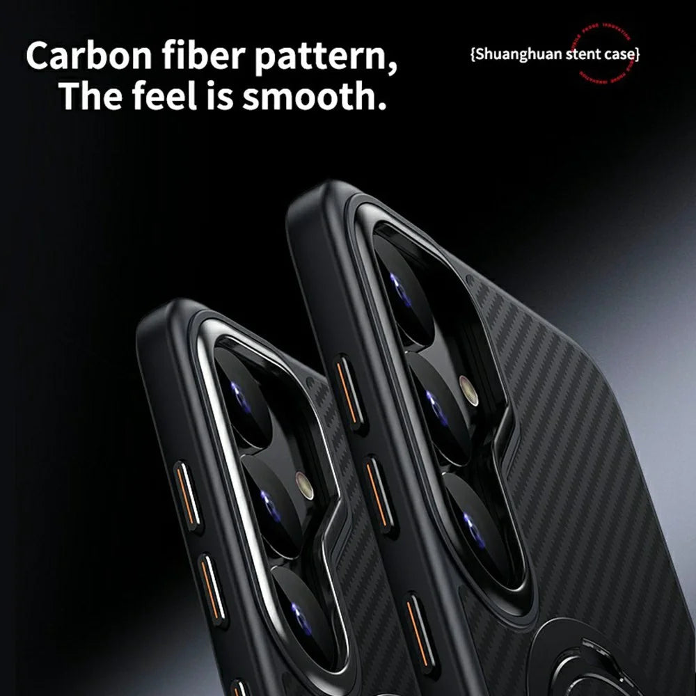 For Samsung Galaxy S25+ Magnetic Case PC + TPU Phone Cover Ring Holder Carbon Fiber Texture - Black - 6