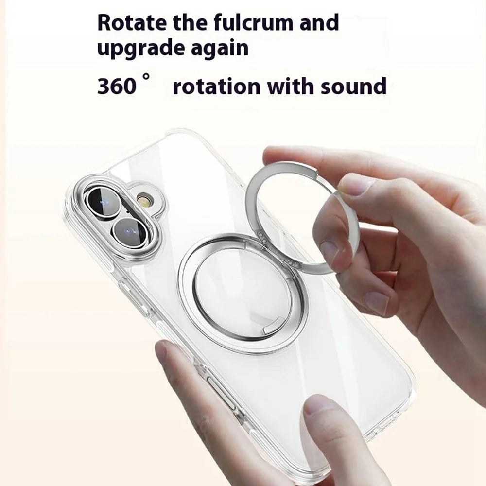 For iPhone 16 Case Compatible with MagSafe Gear Fulcrum Kickstand Electroplating Lens Frame PC + TPU Phone Cover - Gold - 4