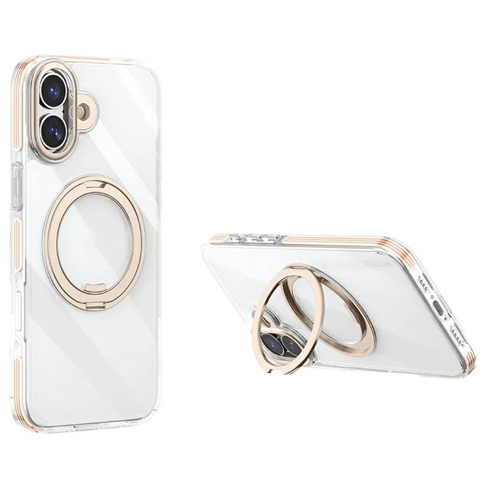 For iPhone 16 Plus Case Compatible with MagSafe Gear Fulcrum Kickstand Electroplating Lens Frame PC + TPU Phone Cover - Gold - 1
