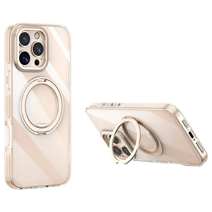 For iPhone 16 Pro Max Case Compatible with MagSafe Gear Fulcrum Kickstand Electroplating Lens Frame PC + TPU Phone Cover - Gold - 1