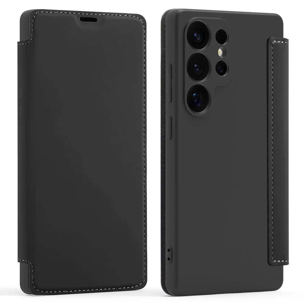 For Samsung Galaxy S25 Ultra Case Card Holder Kickstand Liquid Silicone Phone Cover - Black - 1
