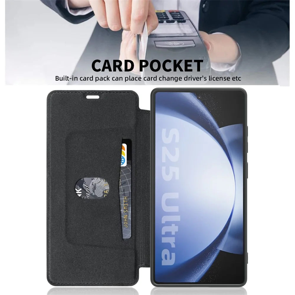 For Samsung Galaxy S25 Ultra Case Card Holder Kickstand Liquid Silicone Phone Cover - Black - 2