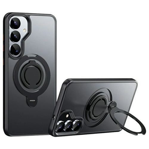 For Samsung Galaxy S25+ Magnetic Case Kickstand Matte PC + TPU Phone Cover with Silicone Ring - Black - 1