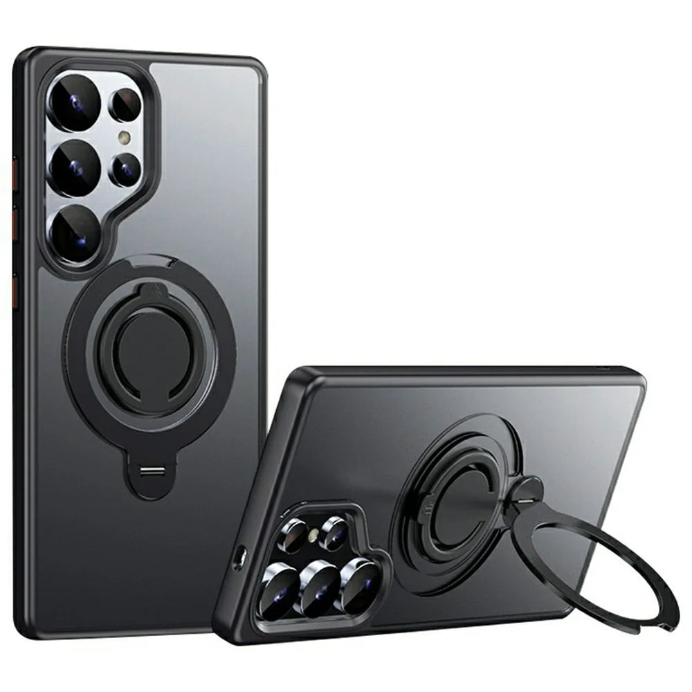 For Samsung Galaxy S25 Ultra Magnetic Case Kickstand Matte PC + TPU Phone Cover with Silicone Ring - Black - 1