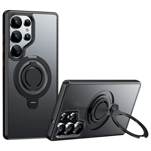 For Samsung Galaxy S25 Ultra Magnetic Case Kickstand Matte PC + TPU Phone Cover with Silicone Ring - Black - 1