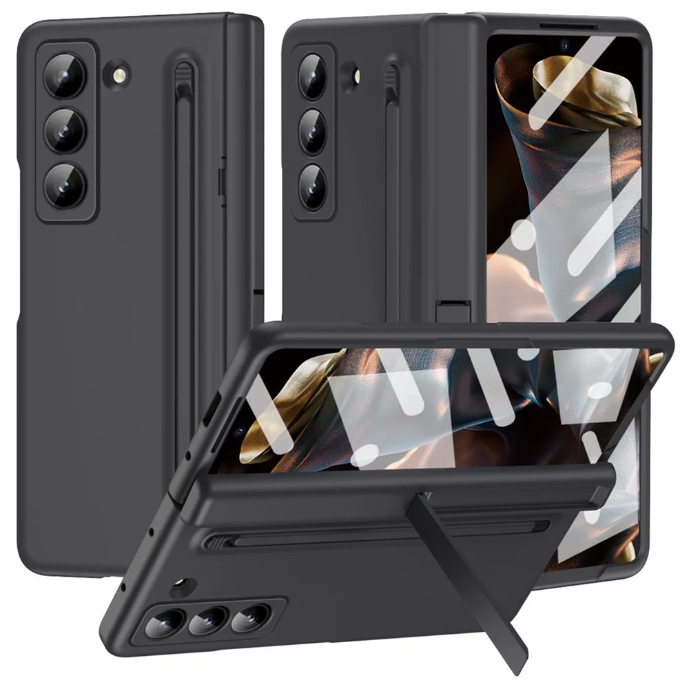 Kickstand Phone Case for Samsung Galaxy Z Fold Special PC Back Cover with Stylus and Tempered Glass Film - Black - 1