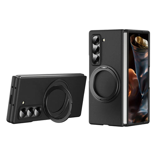 Magnetic Phone Case for Samsung Galaxy Z Fold Special Ring Kickstand Hard PC Cover with Tempered Glass Screen Film - Black - 1
