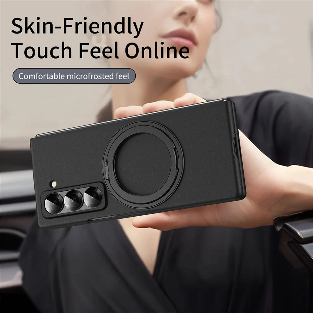 Magnetic Phone Case for Samsung Galaxy Z Fold Special Ring Kickstand Hard PC Cover with Tempered Glass Screen Film - Black - 4
