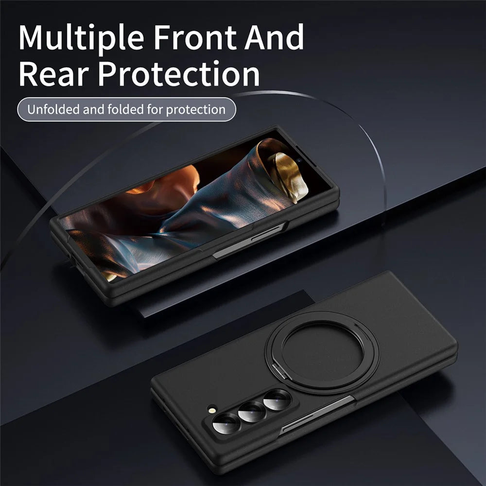 Magnetic Phone Case for Samsung Galaxy Z Fold Special Ring Kickstand Hard PC Cover with Tempered Glass Screen Film - Black - 6