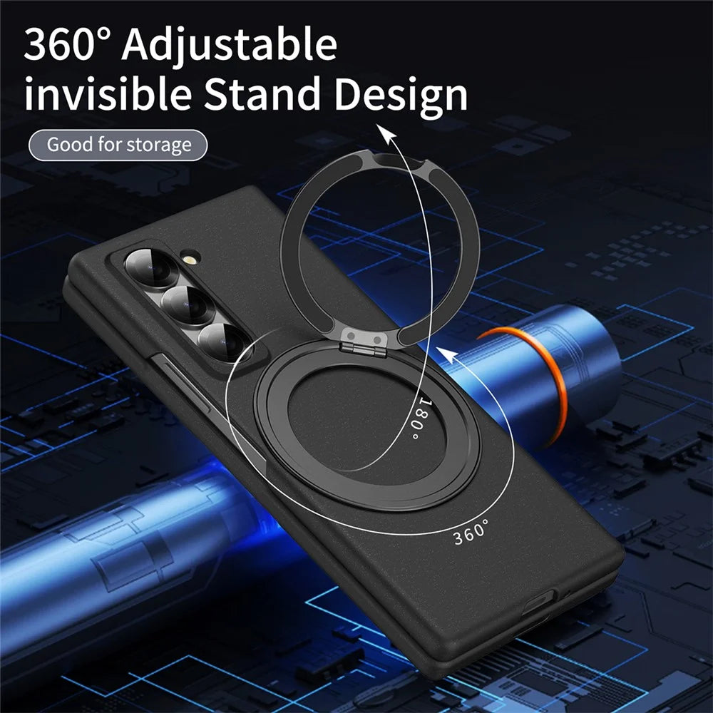 Magnetic Phone Case for Samsung Galaxy Z Fold Special Ring Kickstand Hard PC Cover with Tempered Glass Screen Film - Black - 7