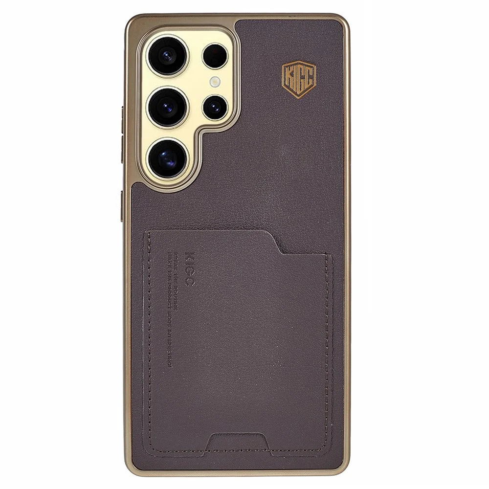 KIGC For Samsung Galaxy S25 Ultra Case Leather + PC + TPU Electroplating Phone Cover with Card Holder - Titanium Gold - 1