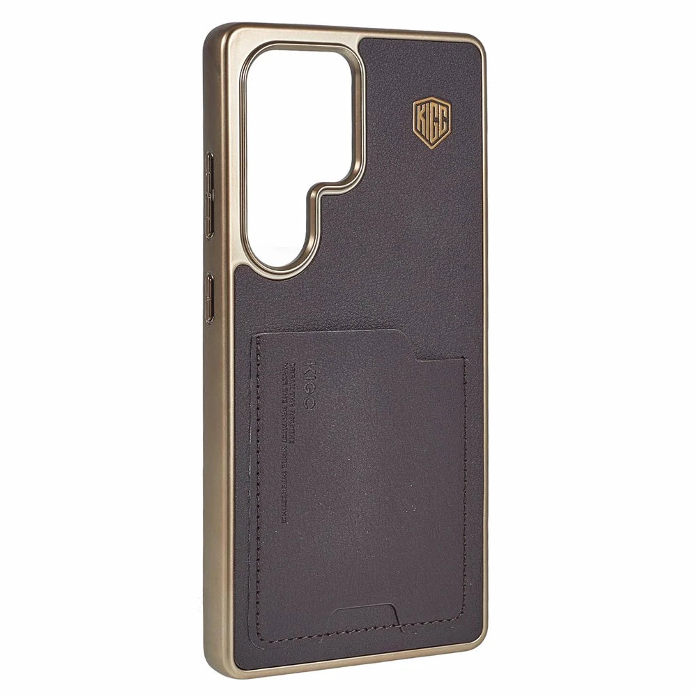 KIGC For Samsung Galaxy S25 Ultra Case Leather + PC + TPU Electroplating Phone Cover with Card Holder - Titanium Gold - 3