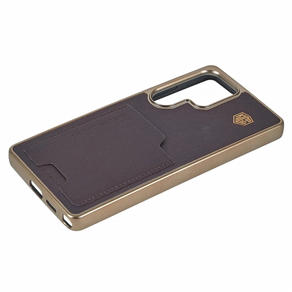 KIGC For Samsung Galaxy S25 Ultra Case Leather + PC + TPU Electroplating Phone Cover with Card Holder - Titanium Gold - 4